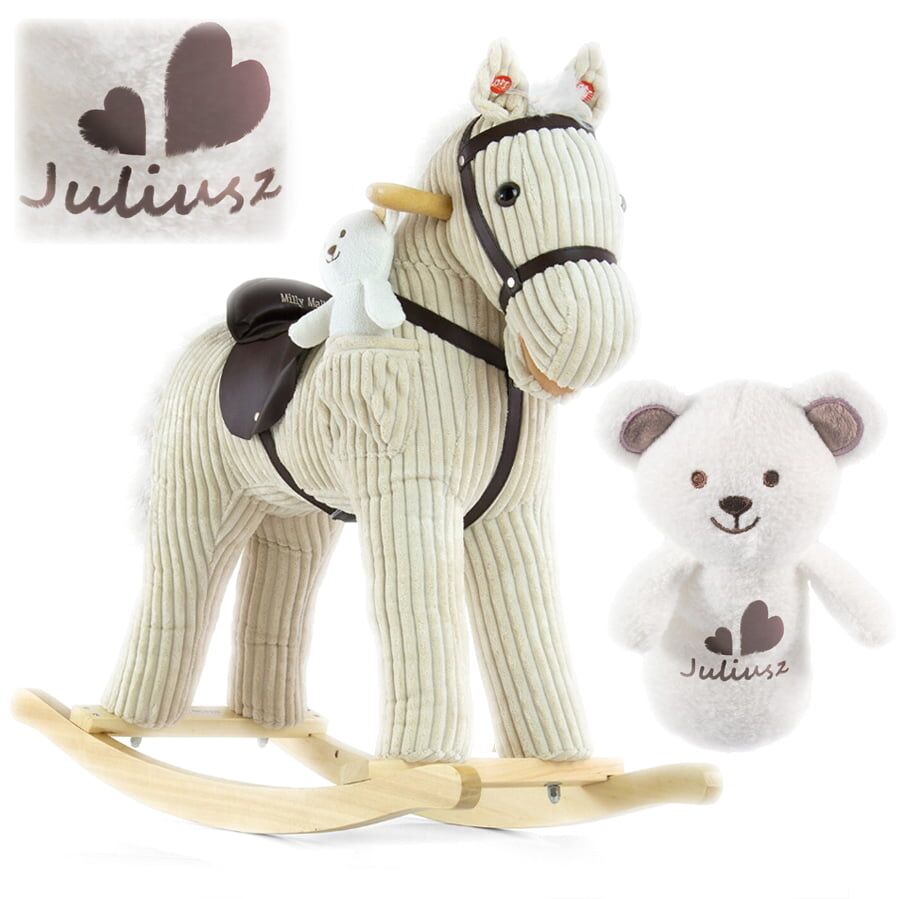 Interaktywny konik na biegunach Pony Luna Milly Mally. W zestawie personalizowany miś z imieniem dziecka. Prezent na 2 latka dla Julka.