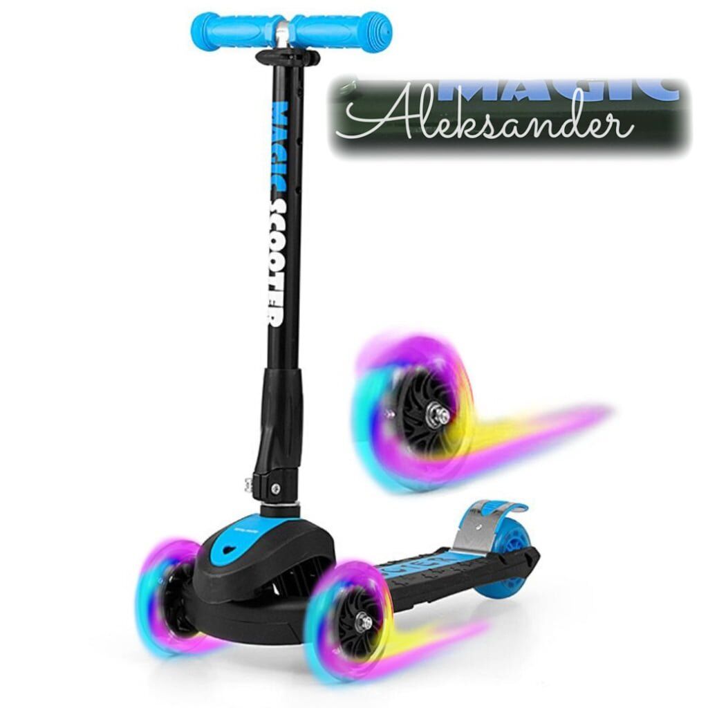 Niebieska hulajnoga trójkołowa balansowa z naklejką z imieniem Aleksander. Scooter Magic Blue Milly Mally. Prezent dla 4 latka.