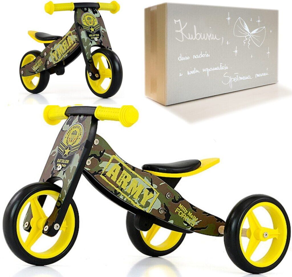 Biegowy rowerek na roczek dla chłopca Jake Army Milly Mally z motywem wojskowym. W zestawie personalizowane pudełko prezentowe.