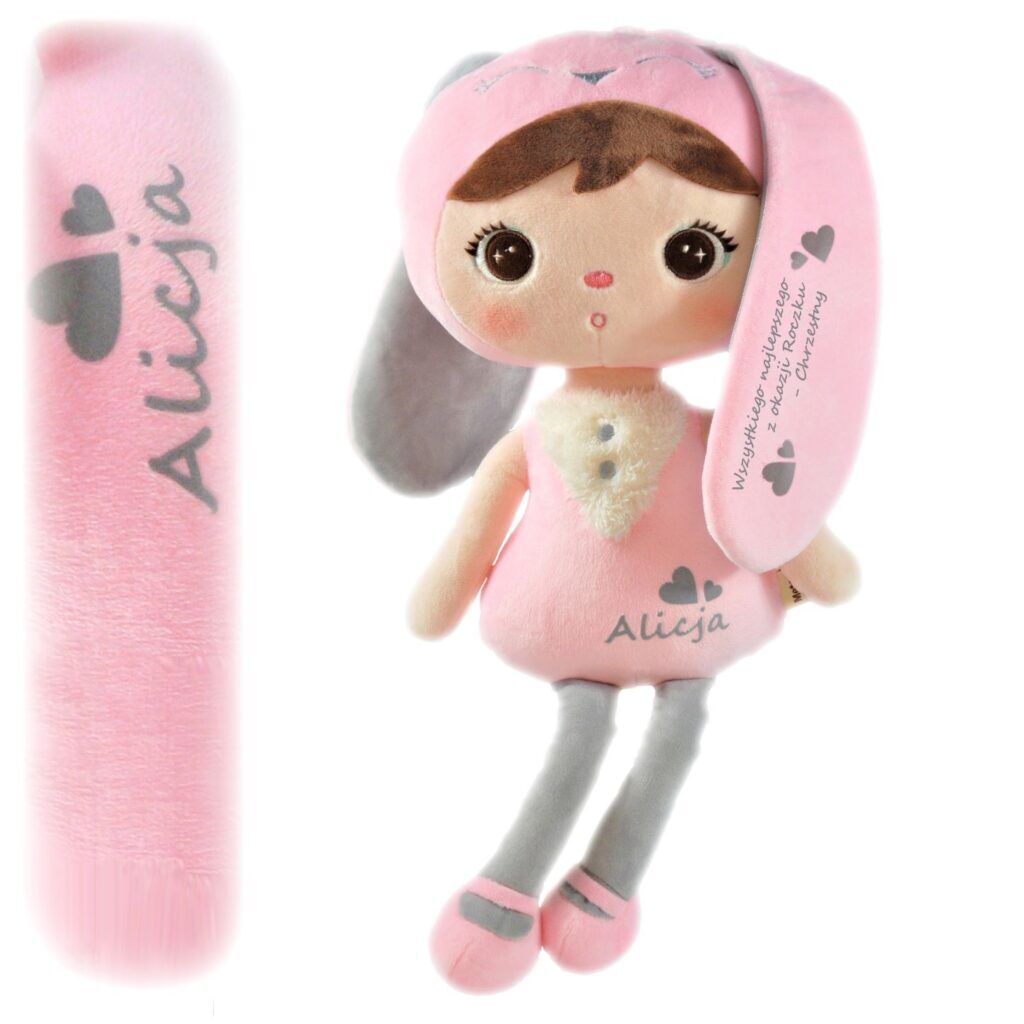 Pluszowa lalka Metoo z imieniem. Różowy królik dla niemowlaka. Oryginalny prezent od chrzestnego na roczek.