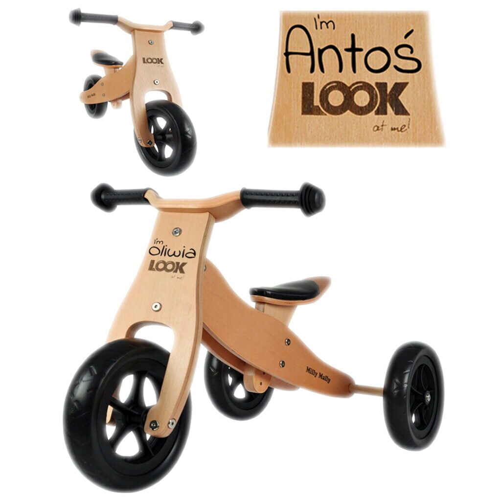 Drewniany rowerek na 2 latka. Personalizowany prezent dla Antosia. Pojazd LOOK Natural Milly Mally.