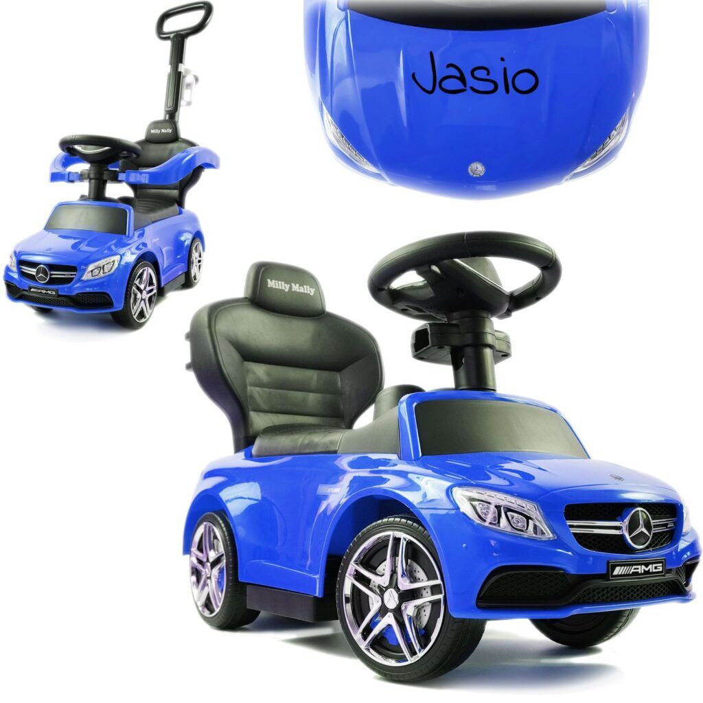 Niebieski Mercedes dla dzieci marki Milly Mally 3w1. Wielofunkcyjny jeździk, rośnie z dzieckiem, ma opcję personalizacji imieniem na masce.