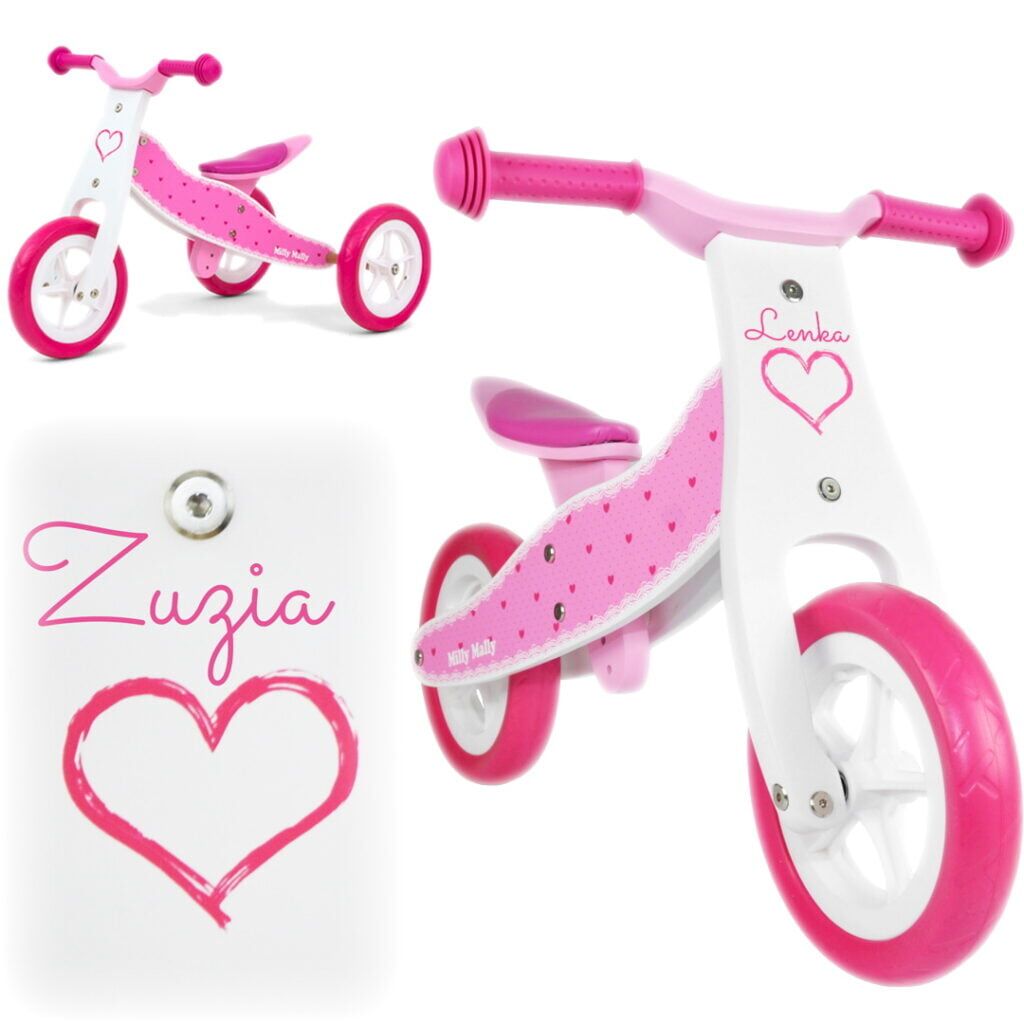 Drewniany rowerek Milly Mally z imieniem. Personalizowany prezent dla Lenki.