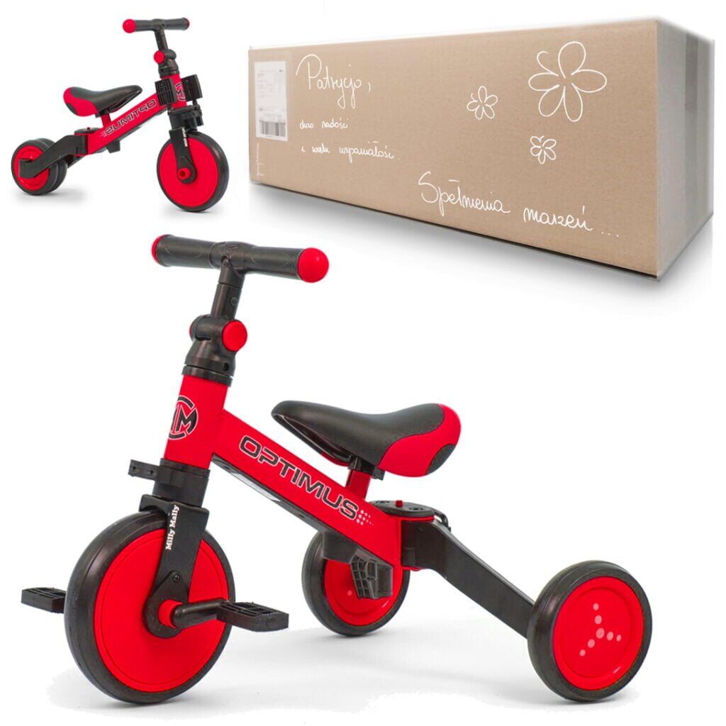 Czerwony rowerek biegowy trójkołowy 3w1 Optimus Red Milly Mally z personalizowanym pudełkiem na prezent na roczek.