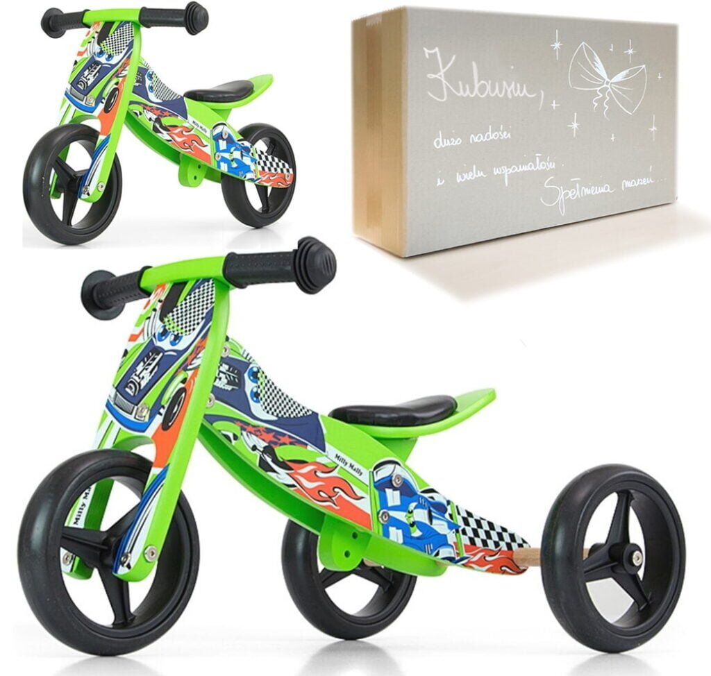 Drewniany jeździk na roczek dla chłopca Jake Green Cars Milly Mally w wyścigówki. W zestawie personalizowane pudełko prezentowe.