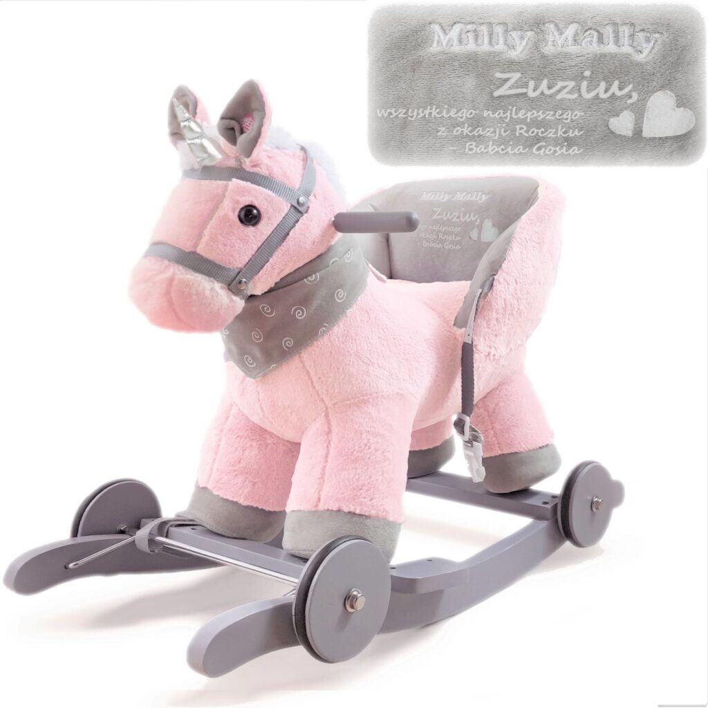 Interaktywny jednorożec konik na biegunach z oparciem Pony Pink Milly Mally. Personalizowany prezent z imieniem i życzeniami.
