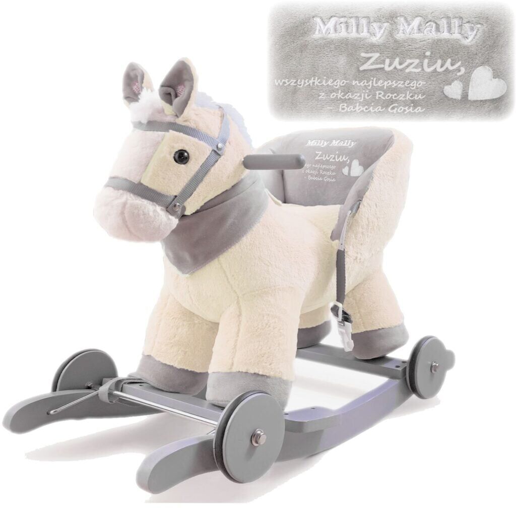 Kremowo biały konik na biegunach z oparciem z imieniem dziecka i życzeniami od chrzestnych. Prezent na roczek dla dziecka.