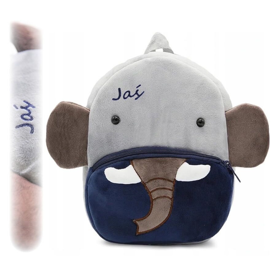 Szaro-granatowy plecak pluszowy słonik z imieniem Jaś. Wyjątkowy prezent dla chłopca do przedszkola.