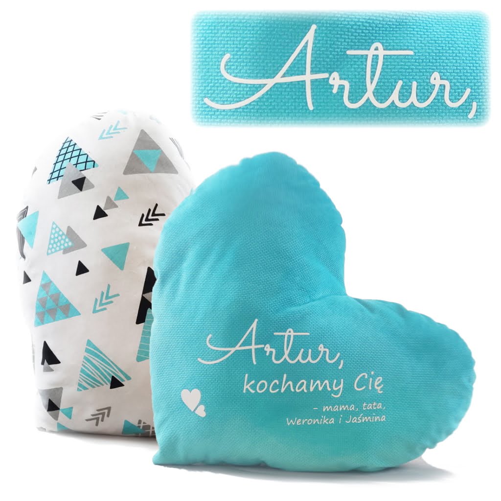 Miętowa poduszka serce z imieniem. Prezent na walentynki dla chłopaka.