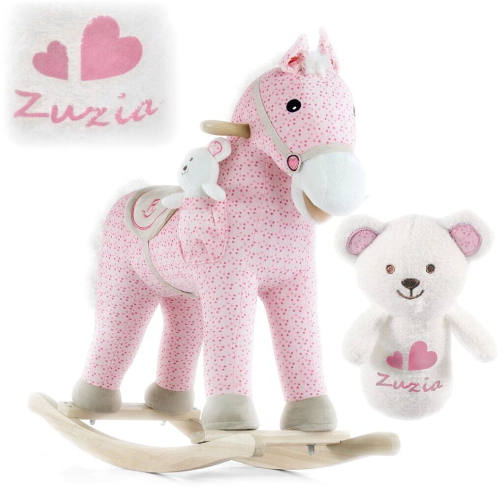 Różowy konik na biegunach i miś z imieniem w zestawie. Pony Pink Milly Mally.