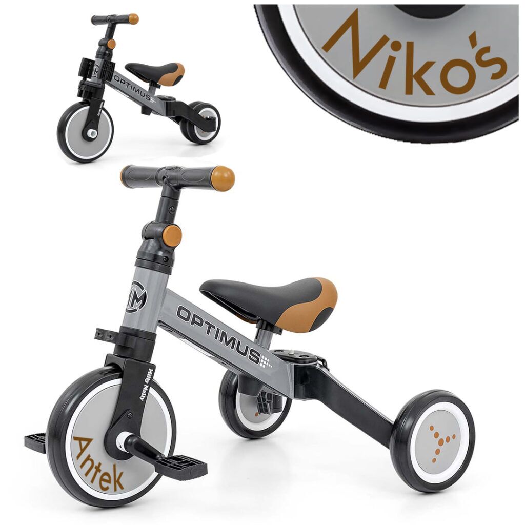 Szary rowerek trójkołowy Optimus z imieniem dziecka Milly Mally