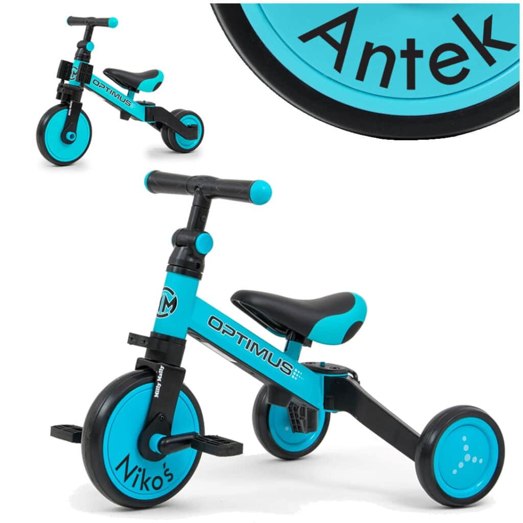Niebieski rowerek biegowy trójkołowiec z imieniem