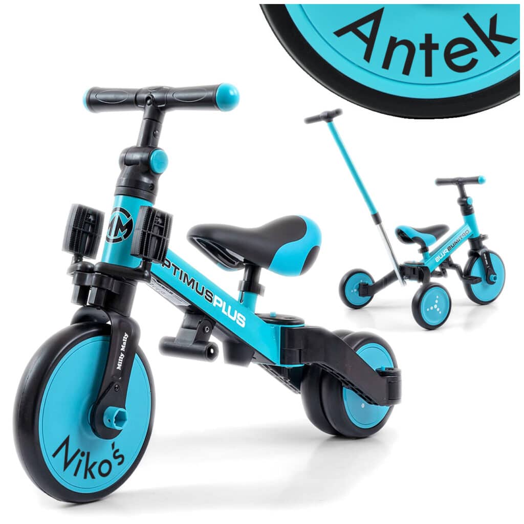 Rowerek trójkołowy biegowy z rączką z imieniem dziecka Optimus Plus Blue