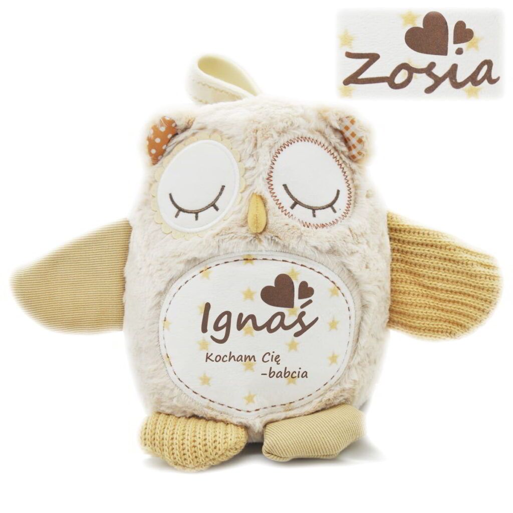 Szumiąca sowa z czujnikiem dźwięku z imieniem i dedykacją od babci